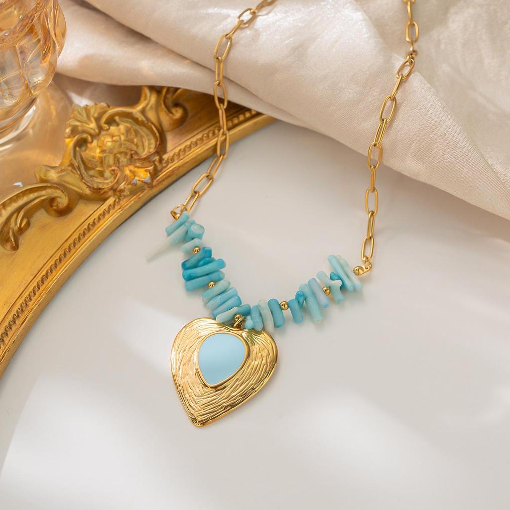 Gold-Plated Heart Pendant Necklace with Blue Coral Branch Chain
