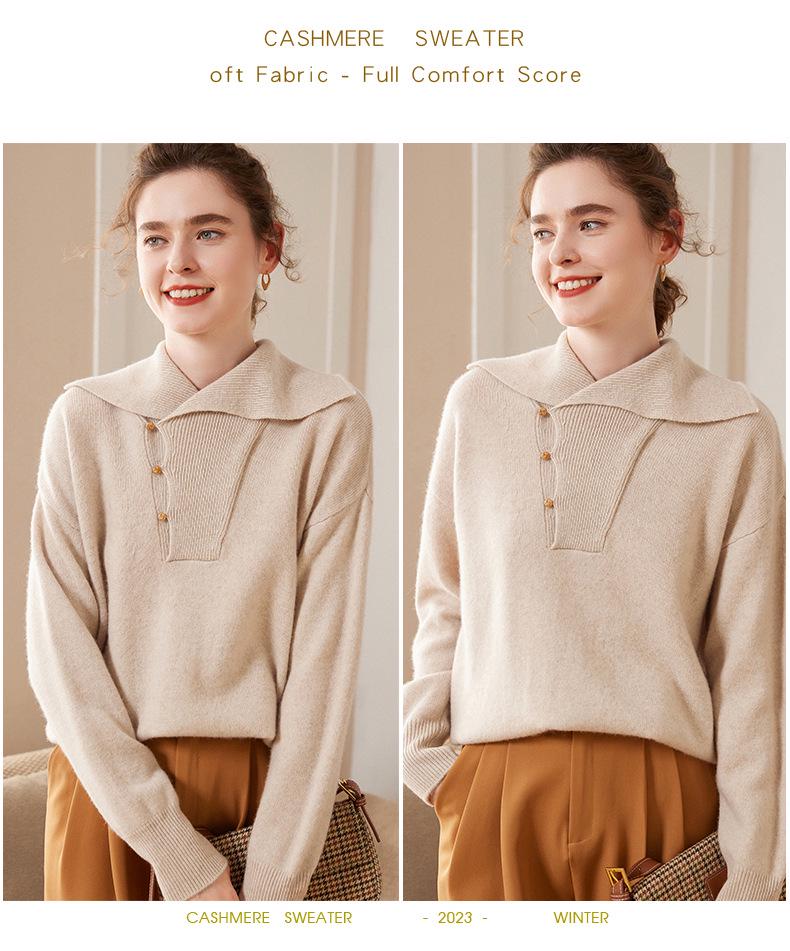 Women's Solid Color Cashmere Lapel Knit Sweater - Long Sleeve, Loose Fit, Warm Pullover for Autumn & Winter