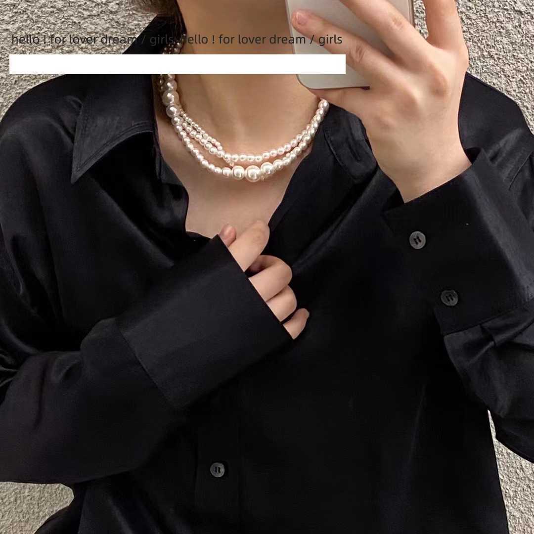 

Korean multi-layer stacked pearl necklace retro French baroque collarbone chain sweet and cool versatile necklace