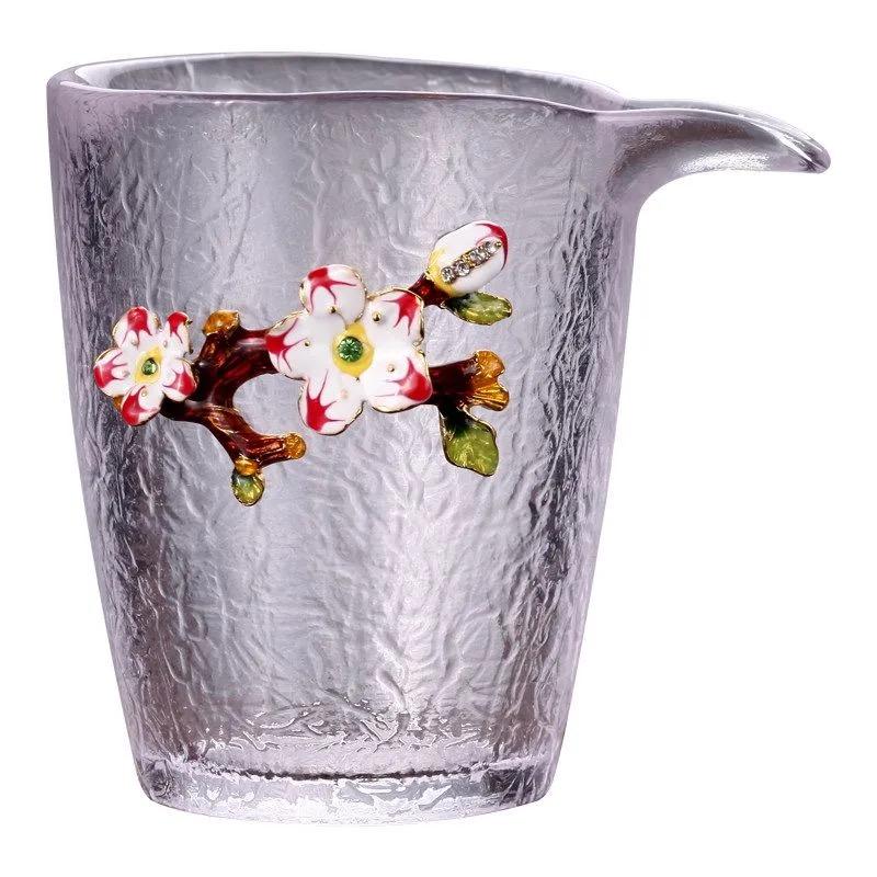 Glass Gaiwan and Fairness Cup Tea Set, Heat-Resistant Kung Fu Tea Brewing Set with Floral Decal for Home Use C