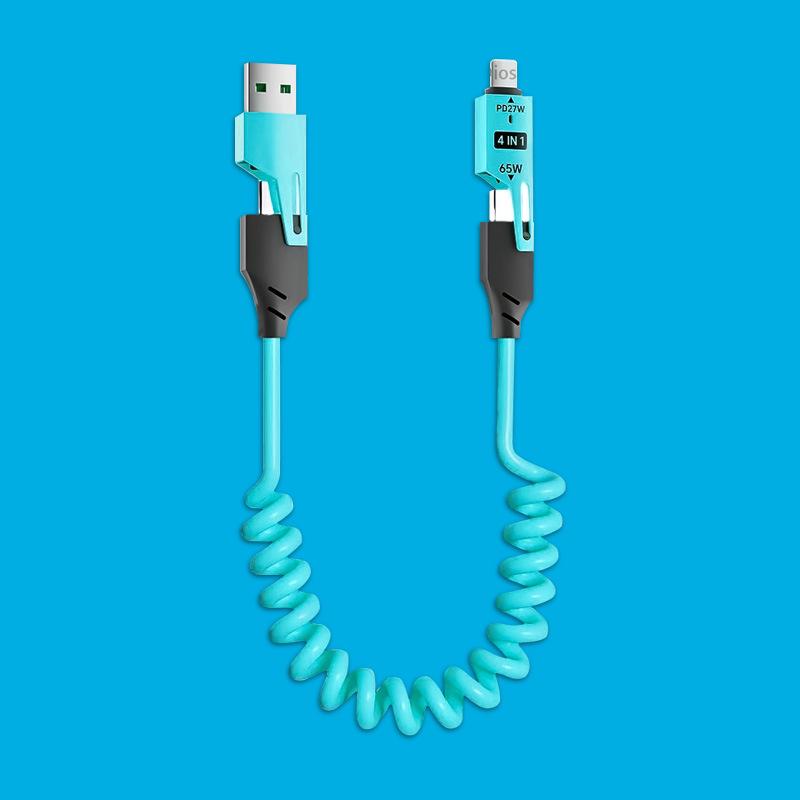 65W Spring Retractable 4-in-1 Charging Cable for iPhone 16 & Huawei Phones