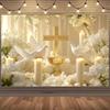 Stylish 2D Religious Photographic Background with White Dove, Golden Cross and Sail, Ideal for Weddings.