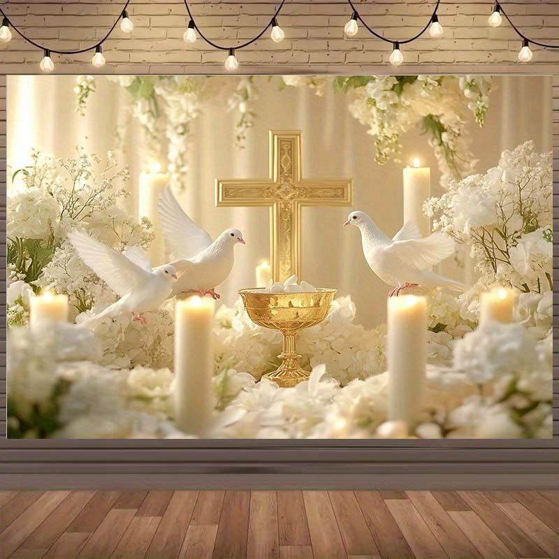 Stylish 2D Religious Photographic Background with White Dove, Golden Cross and Sail, Ideal for Weddings.