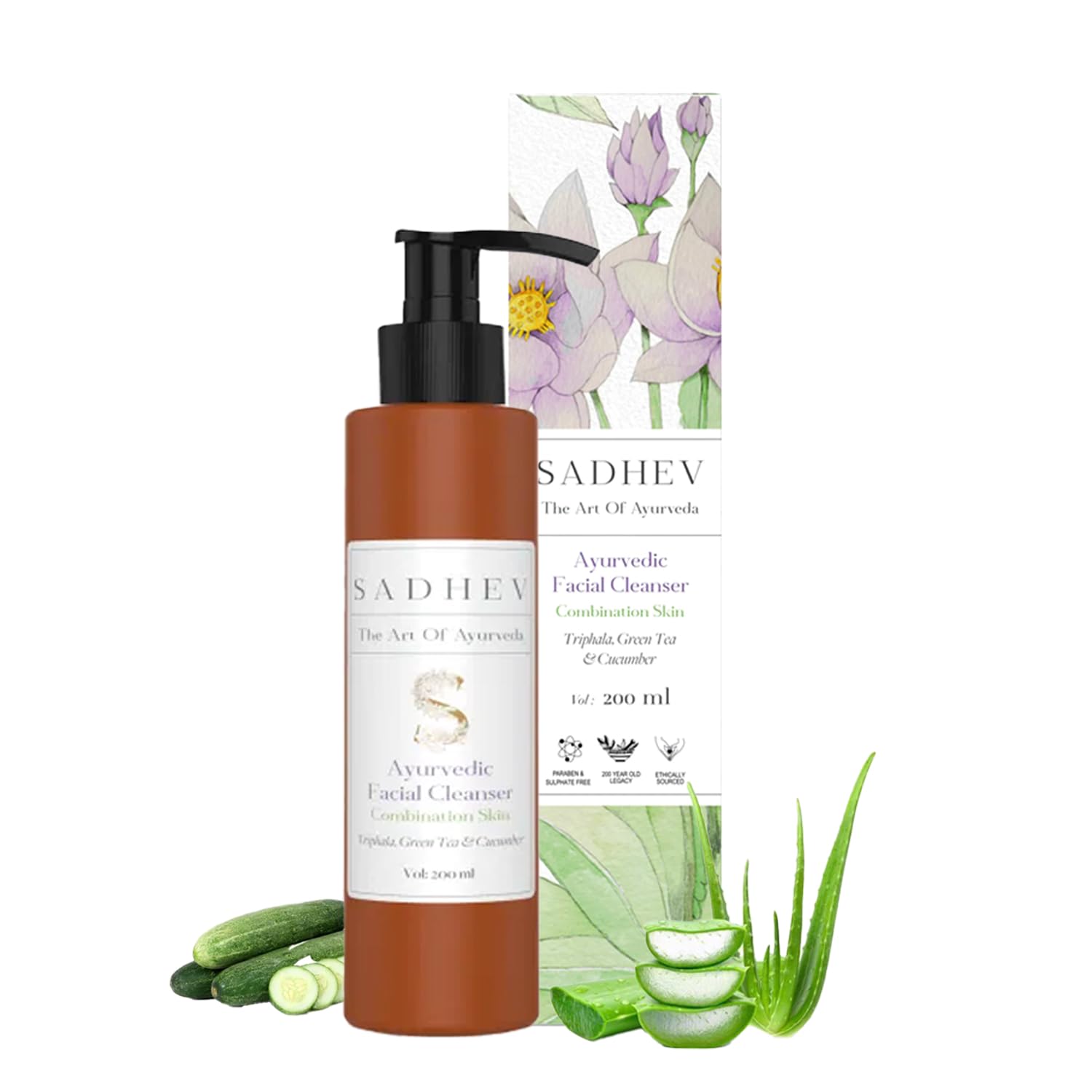 Sadhev Ayurvedic Face Cleanser For Combination Skin With Triphala, Green Tea And Cucumber - 200ml (Pack of 1)