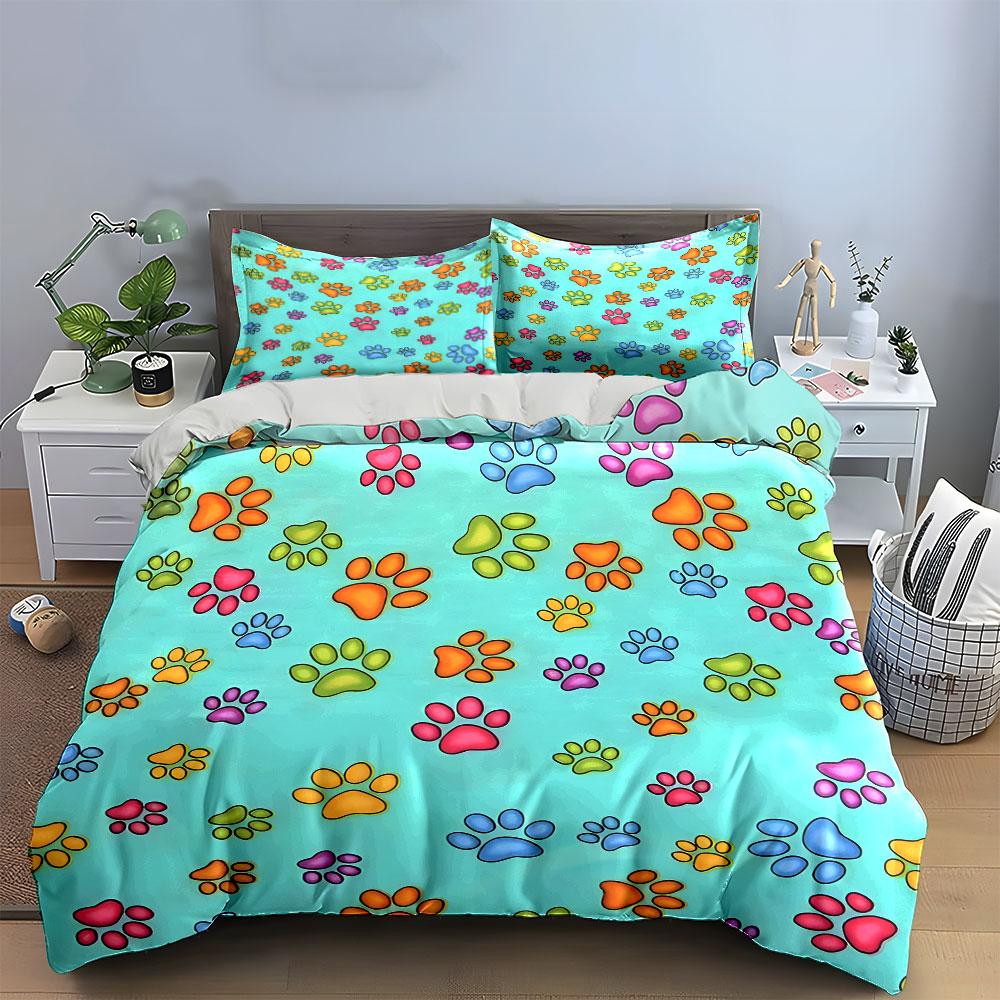 Colorful Paw Print Gift Set Soft Comfortable Duvet Cover Bedding Set Included 1*Duvet Cover & 2*Pillowcases, Gift