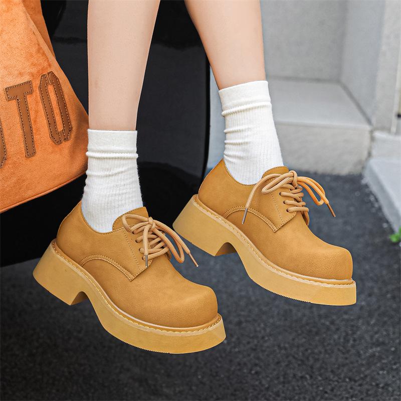 Platform Single Shoes Men's Spring and Autumn Round Head Lace-up Middle Heel Muffin Men's Shoes Work Black Small Leather Shoes 9522-M