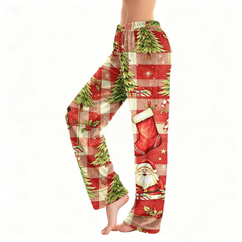 Women's Christmas Plush Pants with Snowflake and Christmas Tree Print, Cozy Sleep Pants for Home