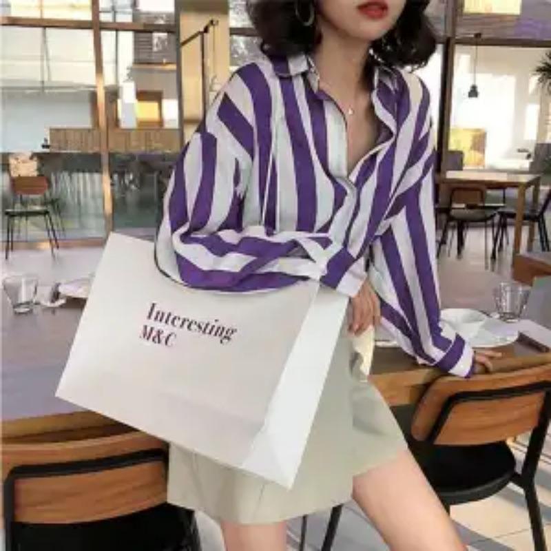 Spring Autumn Striped Printed Long Sleeve Shirt Women Loose Casual Blouse Female Elegant Fashion Buttuns Top