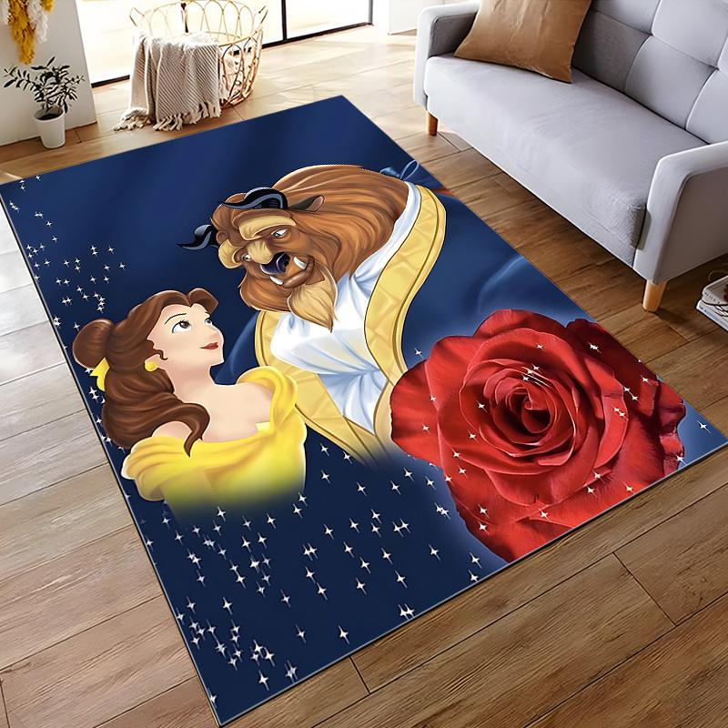 Runner Rug Belle and Beast with Long Stem Red Rose Starry Night Beauty and the Beast Cartoon Home Decor Bedroom Gift