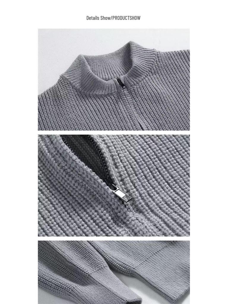 Men's Korean Double Zipper Round Neck Casual Knit Cardigan - Loose, Versatile, Solid Color Sweater.