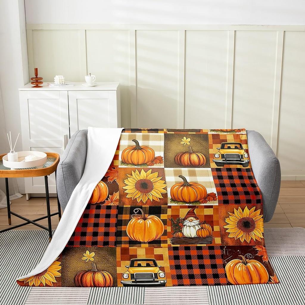 GUOYU Blanket Fall Pumpkin Harvest Fleece Flannel BlanketRustic Maple Autumn Leaves Bed Plush Blanket for Rustic Home DecorHarvest Patchwork