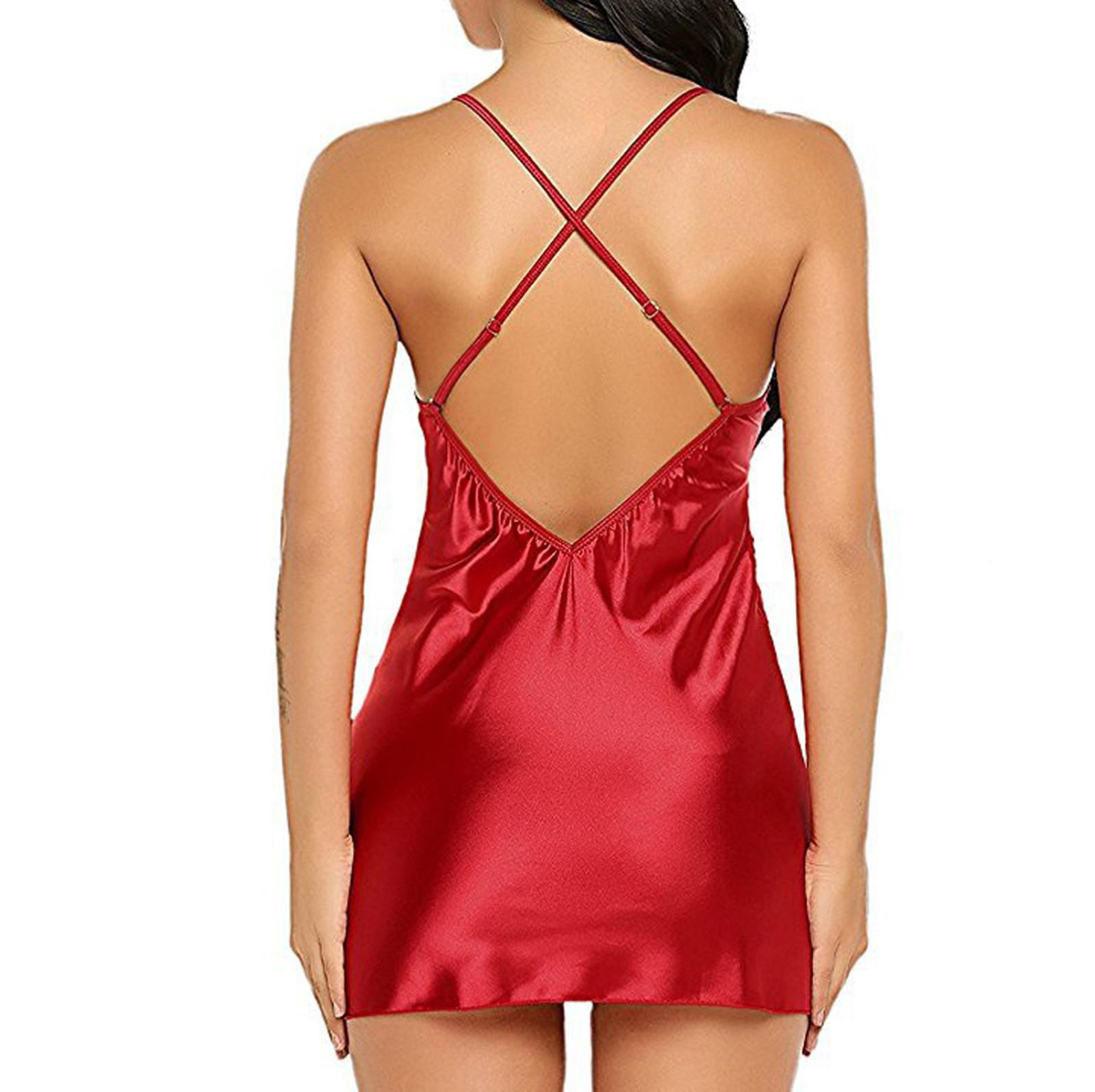 

Women s Satin Chemise Lingerie with Crossed Straps and Lace Trim Adjustable Straps Nightwear Sleepwear Mini Dress L