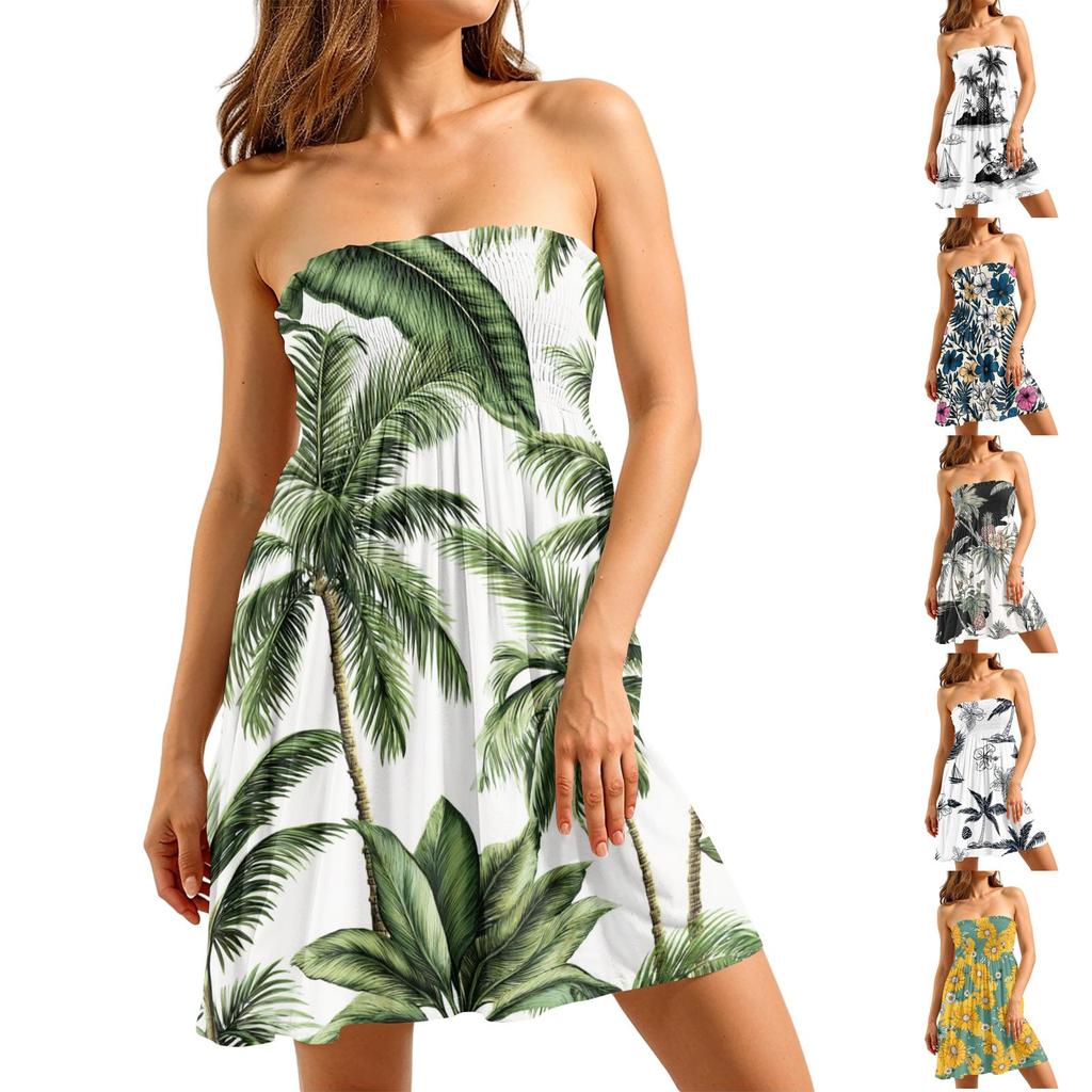 Women’s Strapless Floral Print Sundress Casual Summer Tube Dress with Elastic Waist and Relaxed Fit