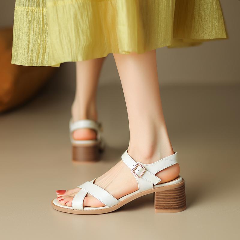 2024 New Thick High Heels Women Sandals Summer Genuine Leather Ankle Strap Fashion Hollow Office Party Retro Pumps Shoes Woman