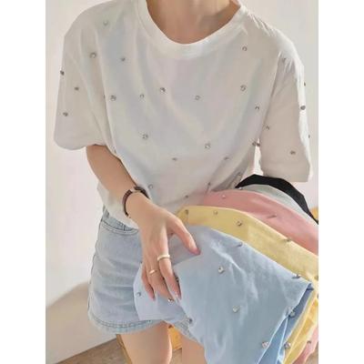 White Top Vintage Mujer Camisetas Autumn O Neck Solid Color Diamonds T-shirts Harajuku Short Sleeve  Loose Casual Tees