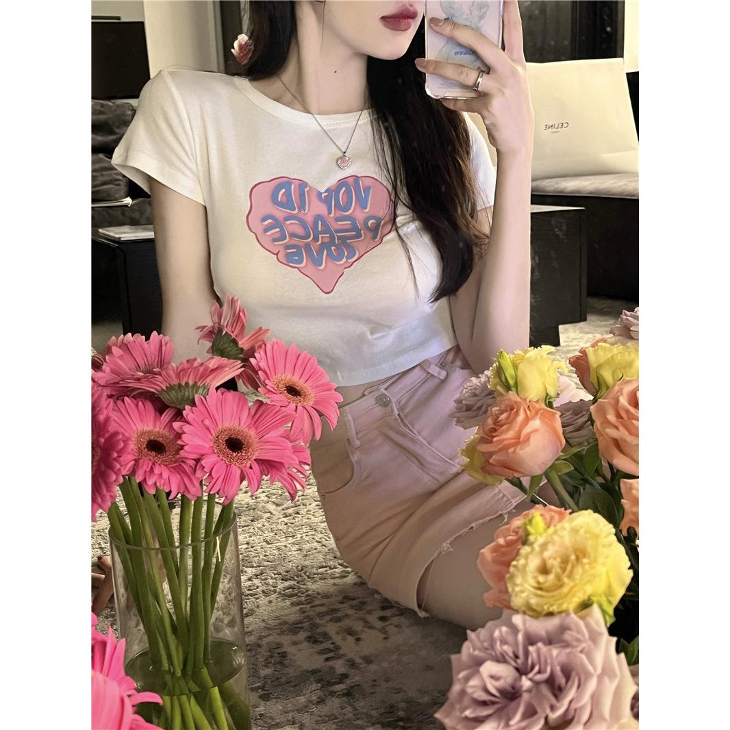 

White Hottie Navel Printed Short Sleeve T-Shirt Women s Summer South East Asia Sisters Sweet and Spicy Top M
