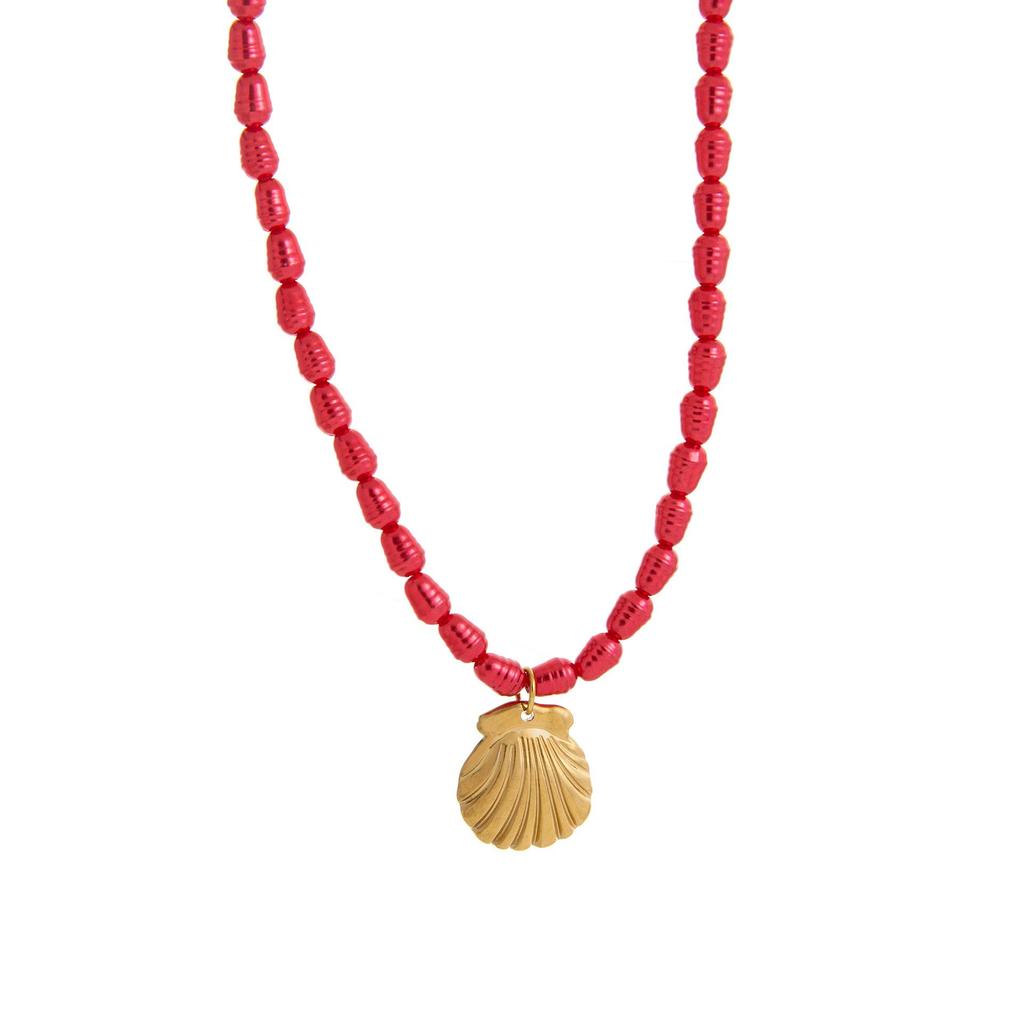 European-American 18K Gold-Plated Stainless Steel Necklace with Fish, Starfish, and Seashell Beads.