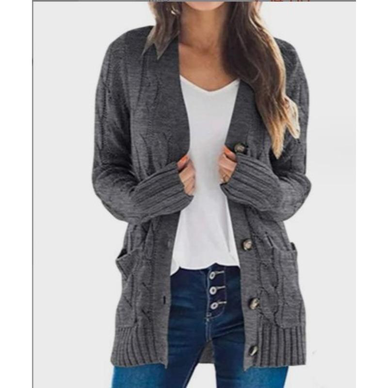 Women Knitted Cardigan Sweater Autumn Winter V-Neck Button Long Sleeve Sweaters Coat Casual Pockets Solid Femme Knitwear Coat
