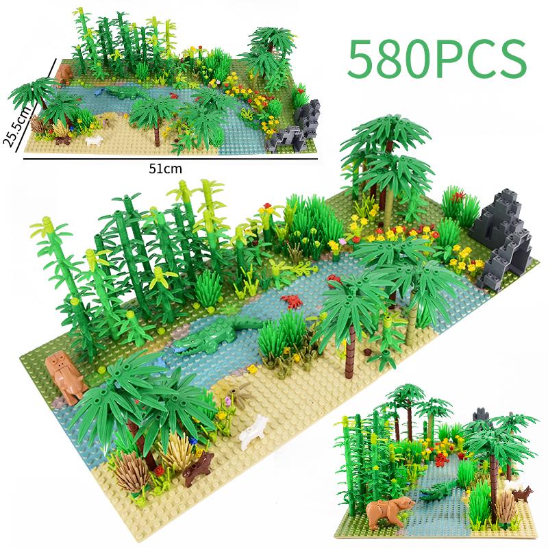 MOC Rain Forest River Blocks Tropical Rainforests Animal Dinosaurs Baseplates Building Block Bricks Jurassic World Dino Toys