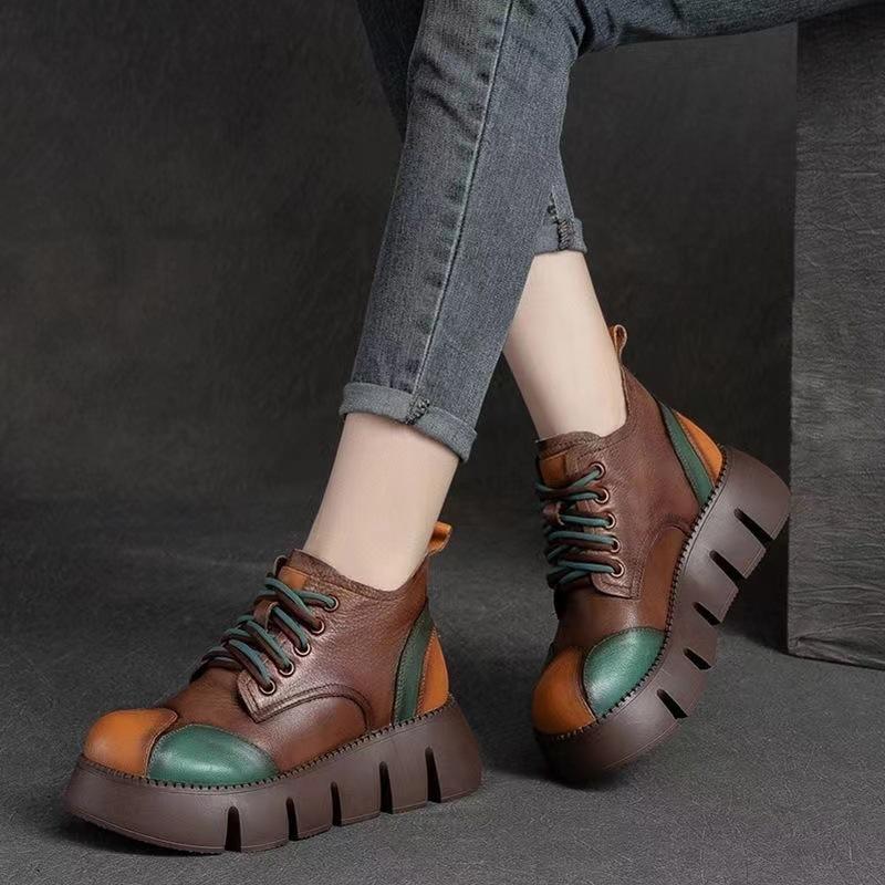 Retro boty, Módní dámské boty s kulatou špičkou, na silné podrážce, módní šněrovací, s krátkou muffinovou podrážkou