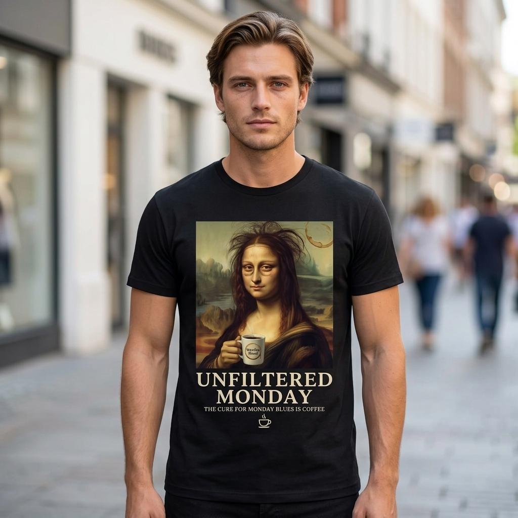 Men s Classic Fit Short Sleeve Crew Neck T-Shirt with Unfiltered Monday Mona Lisa Coffee Graphic Print, Soft Cotton Feel for Casual Wear S