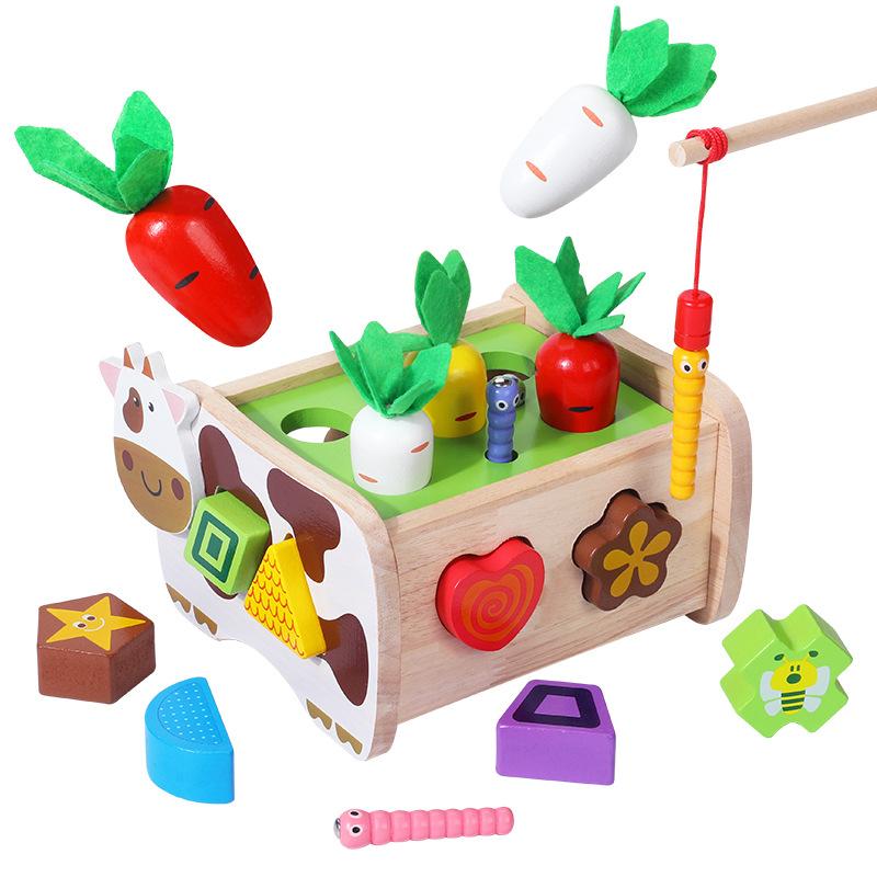Wood Multi-Functional Children'S Educational Fruit Animal Shape Building Block Pulling Radish Pairing Farm Intelligence Car Toy