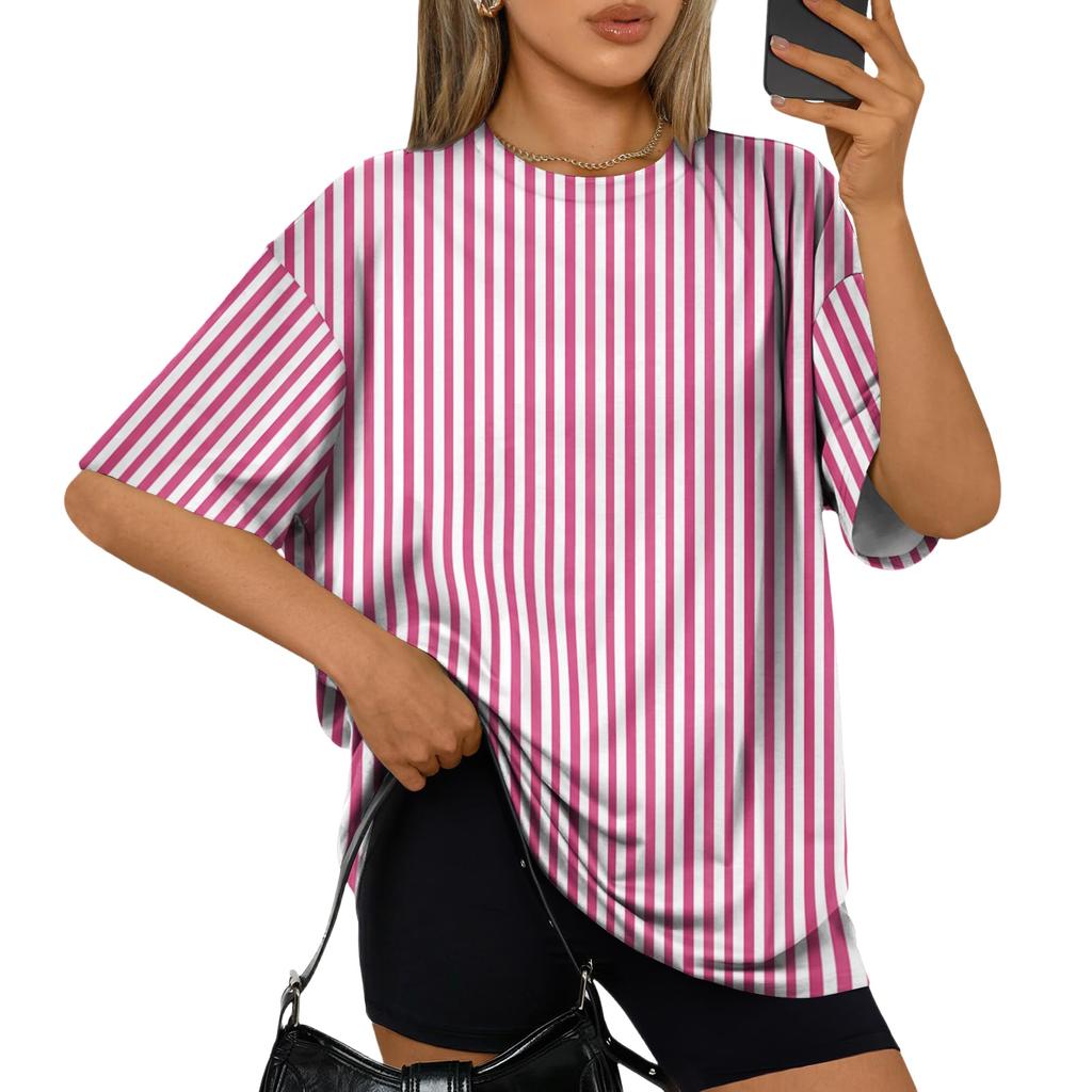 Women’s Casual Loose Fit Striped Short Sleeve Top Summer Oversized Pullover Crew Neck Lightweight Relaxed T Shirt Blouse