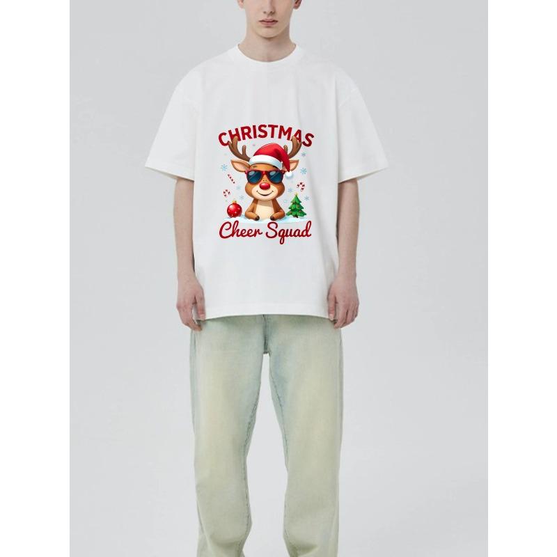 Christmas T Shirt Black Reindeer with Santa Hat and Sunglasses Christmas Cheer Squad Print Holiday Party Wear