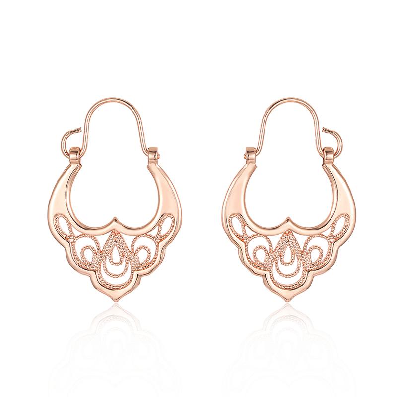 Women 585 Rose Gold Floral Pattern Drop Earrings 3cm Long