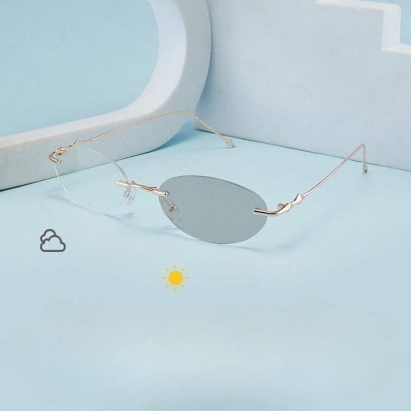 Ultra lekkie modne okulary do czytania fotochromowe z plusowymi mocami Luksusowe bezramkowe owalne okulary anty-niebieskie na prezbiopię