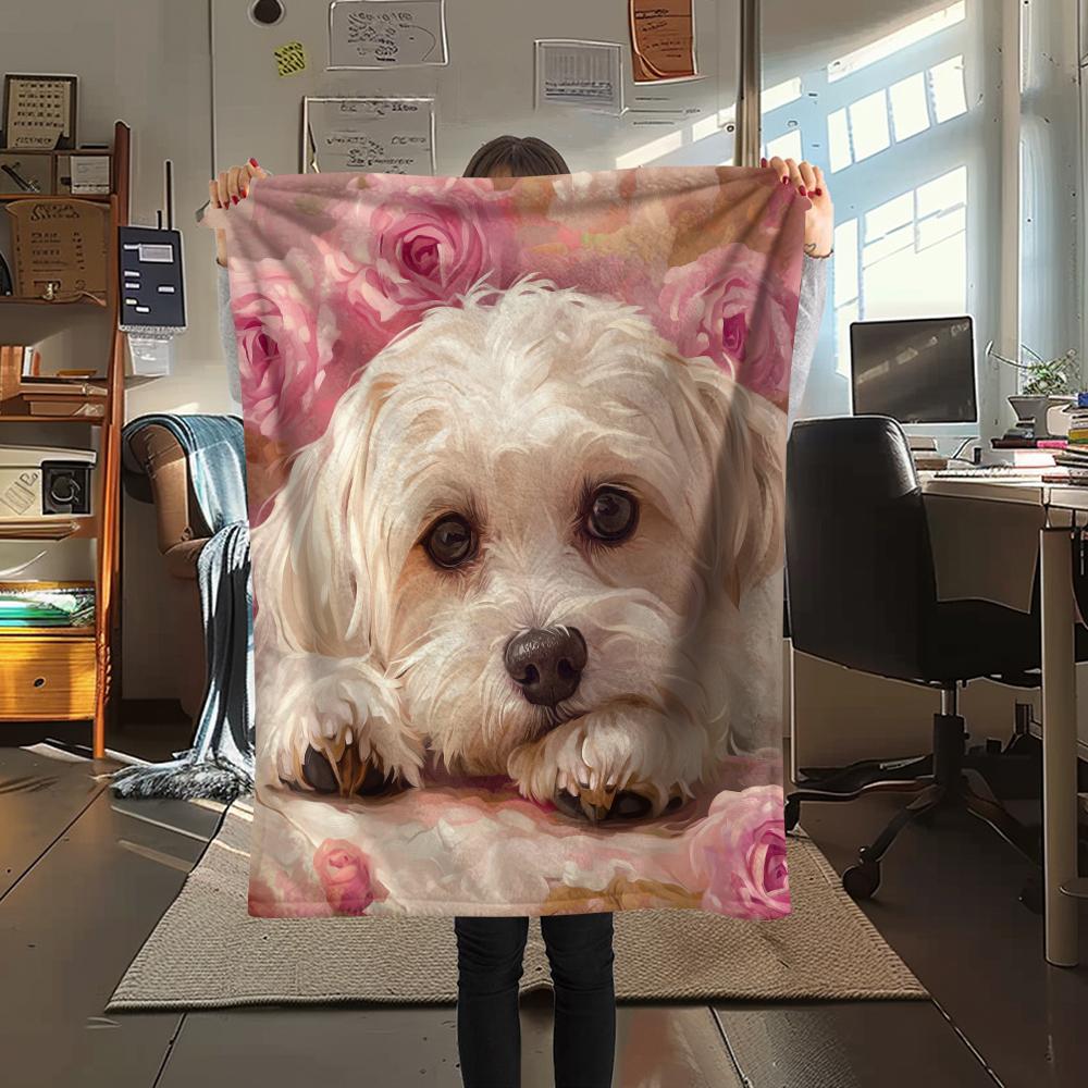 Maltese dog and roses,pattern Flannel Blanket, High quality Comfortable for All Seasons, Home Decor, Warmth and Comfort, Perfect for Gifts.