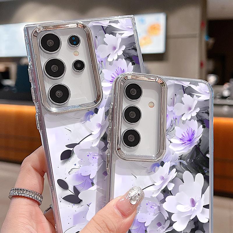 INS Watercolor Floral Case For Samsung S26 S25 Ultra S24 FE S23 Plus S22 S21 A15 A16 A17 A35 A36 A37 A54 A55 A56 A57 5G Plating Lens Soft Cover