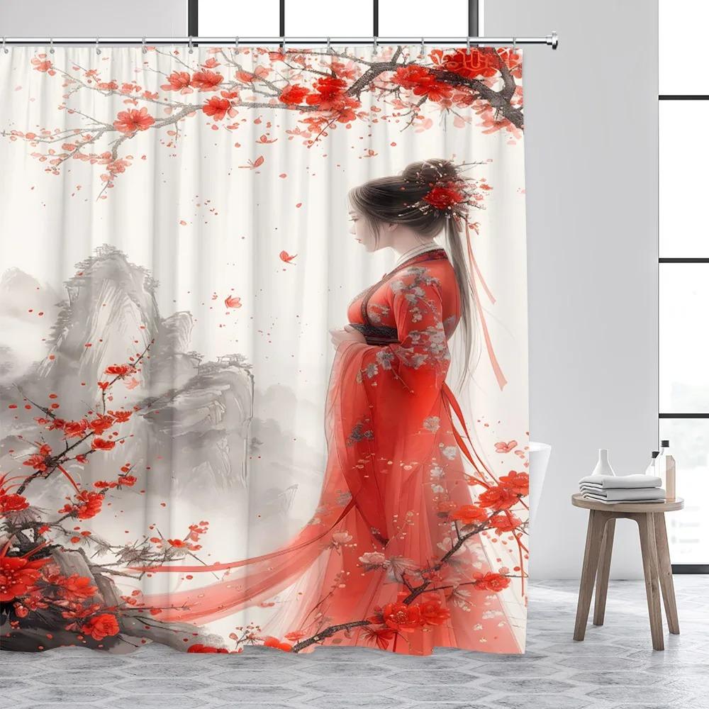 Japanese Style Ink Landscape Shower Curtain Sea Waves Crane Koi Fish Mountain Waterfall Plant Floral Bathroom Curtains Decor Set