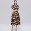 Summer Floral Print Shirt Dress for Women Short Sleeve Maxi Sundress with Lapel Neck Buttons Vintage Fashion Belted Robe