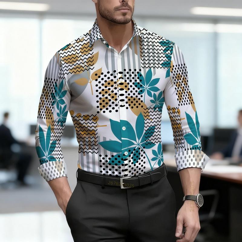 Men's Shirt, Ethnic Style Diamond Shaped Geometric Printed Long Sleeved Shirt, Business Casual Spring and Autumn Collar Shirt