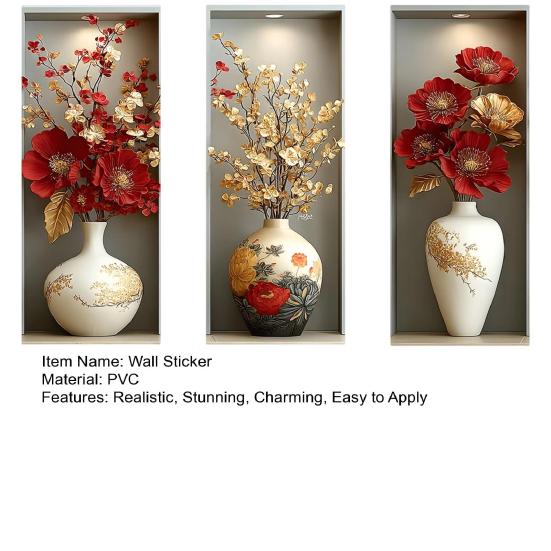 3 Sheets 3D Flower Vase Wall Stickers Faux Floral Wall Decals Peel And Stick Wall Art Mural for Living Room Bedroom Office Home Decor