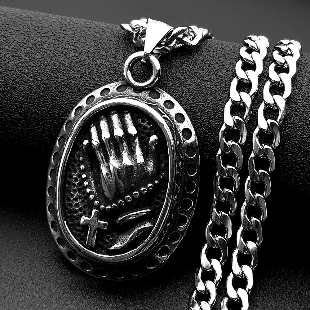 Praying Hands Rosary Cross Oval Pendant Necklaces for Women Men 316L Stainless Steel Silver Color Catholic Amulet Chain Jewelry