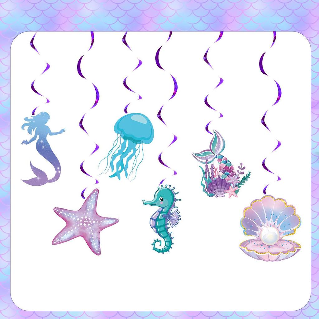 Mermaid Theme Party Supplies: Colorful Fish Scale Napkins, Plates, Cups, Flags, and Swirl Decorations