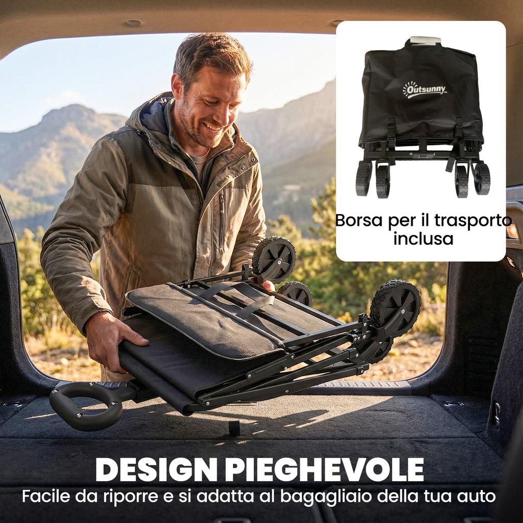 Foldable Garden Cart 72L with Adjustable Handle, in Steel and Oxford Fabric, 114x46x92 cm, Black