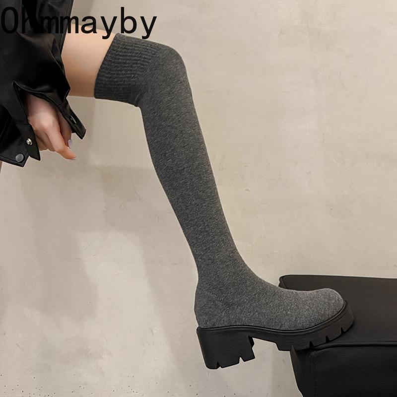 Winter Fashion Stretch Fabric Women Over The Knee Sock Boots Street Style Thick Heel Party Stripper Female Silm Long Booties