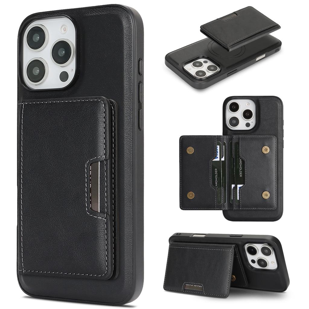For iPhone 15 Pro Kickstand Case Bi-fold Card Bag PU Leather Coated TPU Cover Compatible with MagSafe