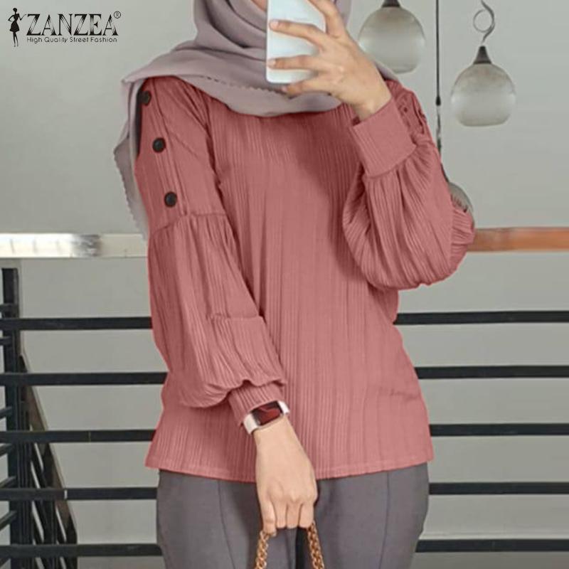 

ZANZEA Женская повседневная однотонная блузка с круглым вырезом и длинными рукавами XL