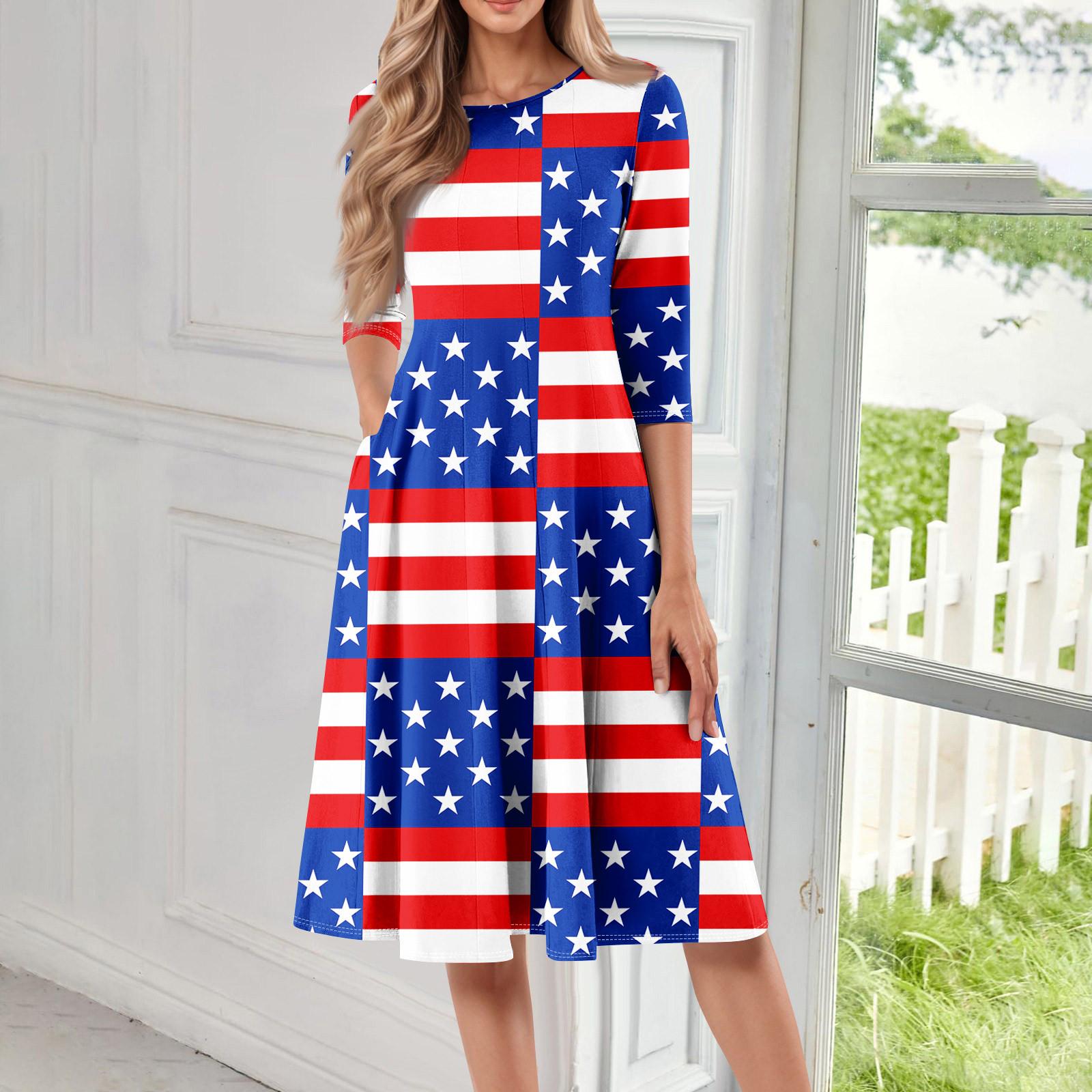 

Женское повседневное модное платье миди с круглым вырезом и рукавом три четверти с принтом «День независимости» S красный