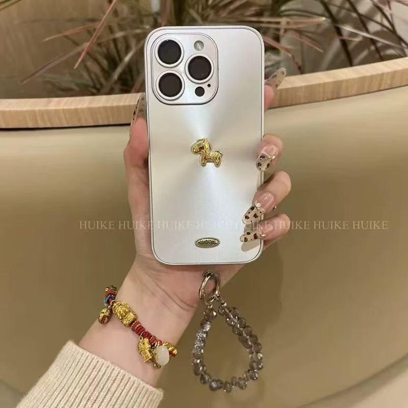 Full Coverage Silicone Phone Case With 3D Golden Horse Aurora Glitter IPhone 17 Pro Max 16 15 14 Series