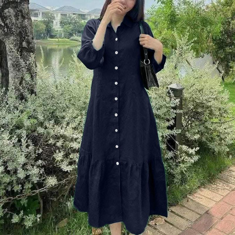 ZANZEA Women Casual Turn Down Collar Solid Color 3/4 Sleeve Loose Dress