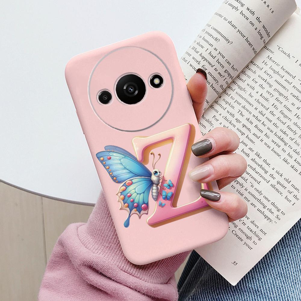 Handyhülle für Xiaomi Redmi A3 4G A3x Rosa Buchstabe Blume Schmetterling Stoßfest Weiches Silikon Cover Kameraschutz TPU Fundas