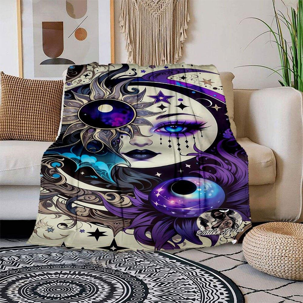 Galactic Moon Goddess Tattoo Design Art Print Blanket Flannel Throw Blanket for Sofa, Bed, Travel, Camping, Office 100x150cm