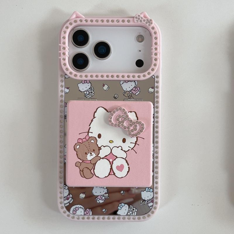 Ins Cute Double-Sided Rhinestone Full Screen KT Makeup Mirror for iPhone 17 Pro Max/16/15 Pro Max Cases.