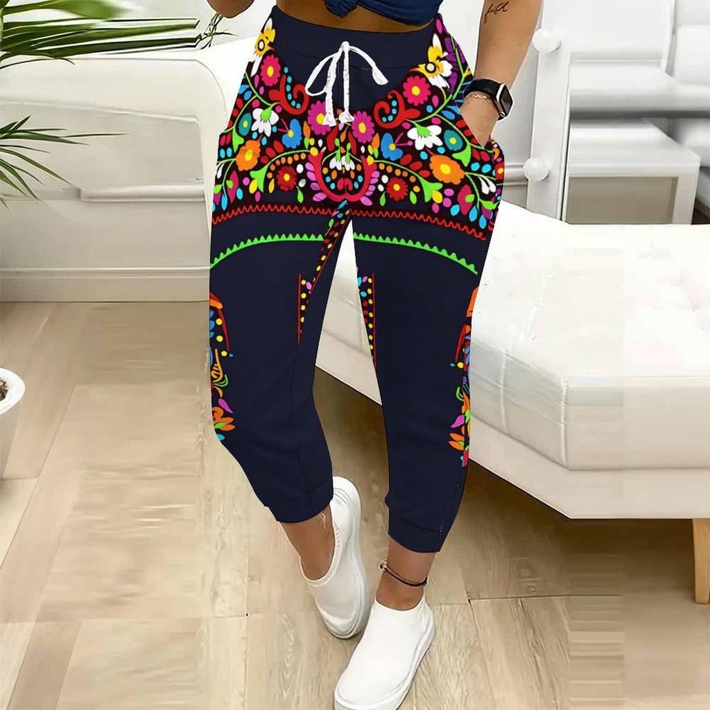 Sommer Damen Blumenprints Bedruckte Jogginghose Lockerer Schnitt Kordelzug Jogginghose Elastischer Bund Tägliche Lässige Hose