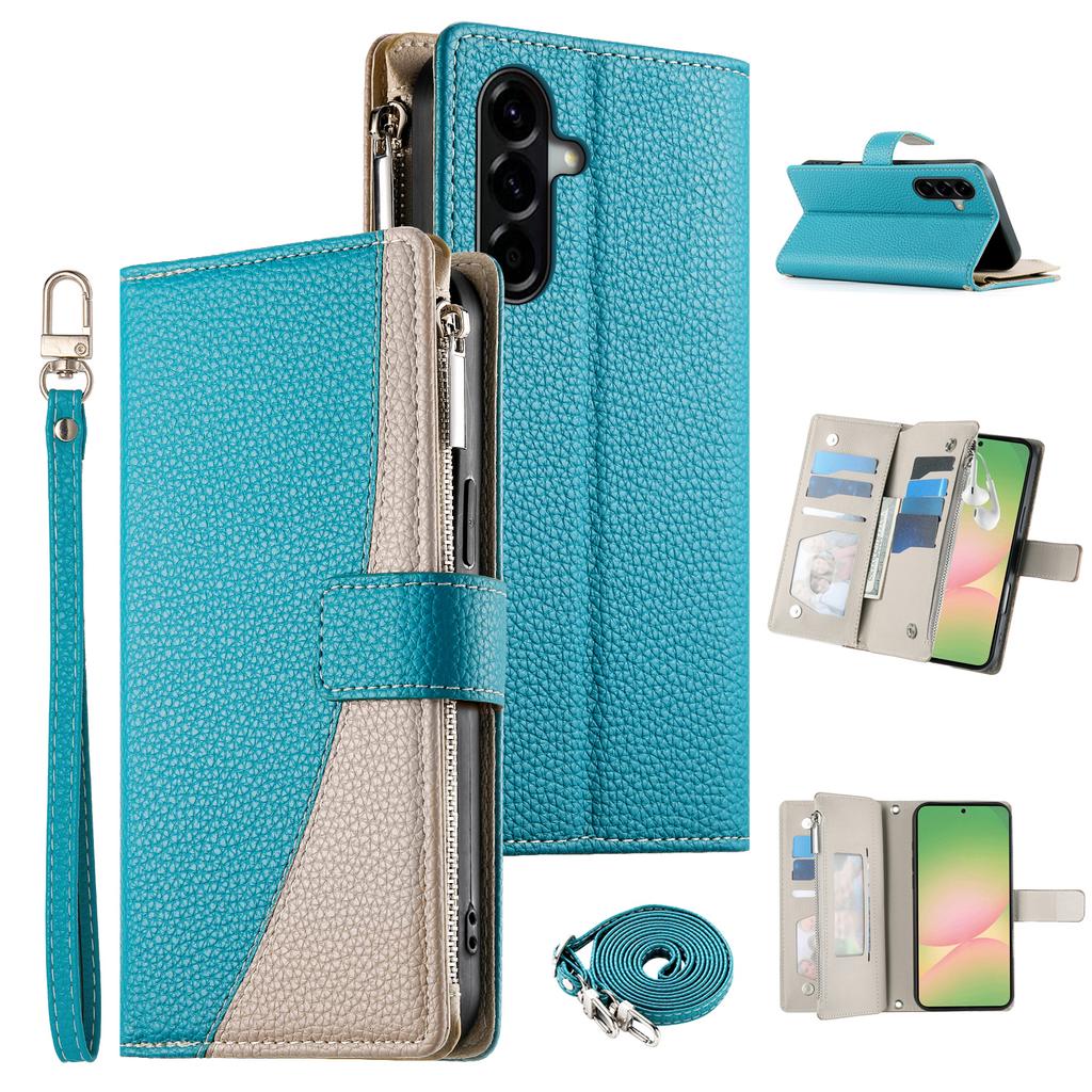 For Samsung Galaxy A56 5G Case Zipper Wallet Color Splicing Leather Flip Phone Cover with Straps